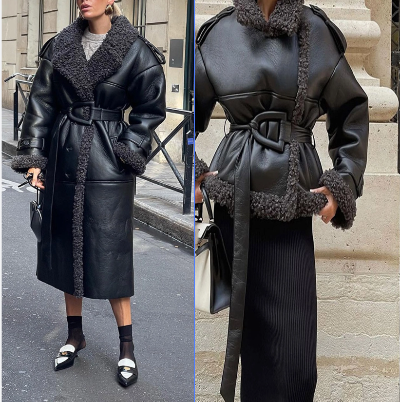 Women Formal Wear Belt - PU Leather Fur Black Women Jacket