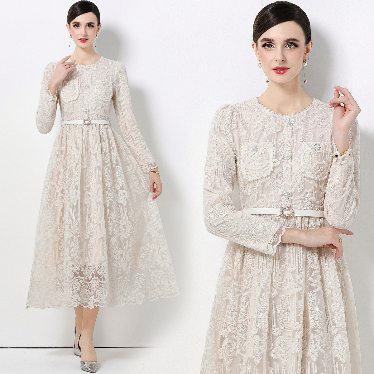 Women Formal Wear Belt - Elegant High Waist Long Sleeve Lace