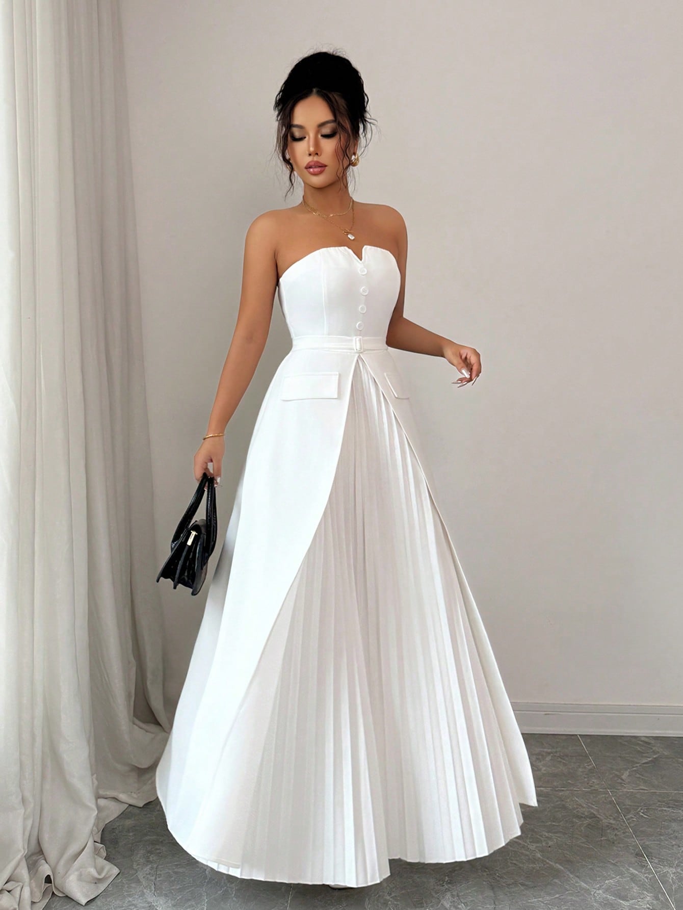 Women Formal Wear Belt - Women's White Strapless Maxi Dress-Elegant Sweetheart