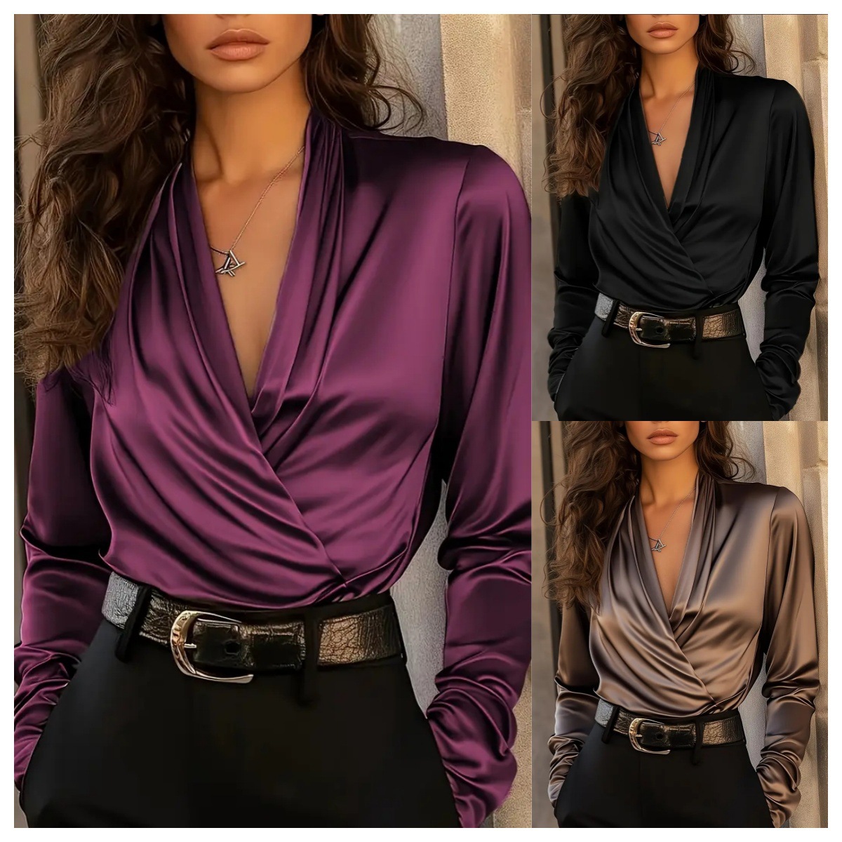 Women's Satin Wrap V Neck Long - Women'S Formal Wear Blouse review and price