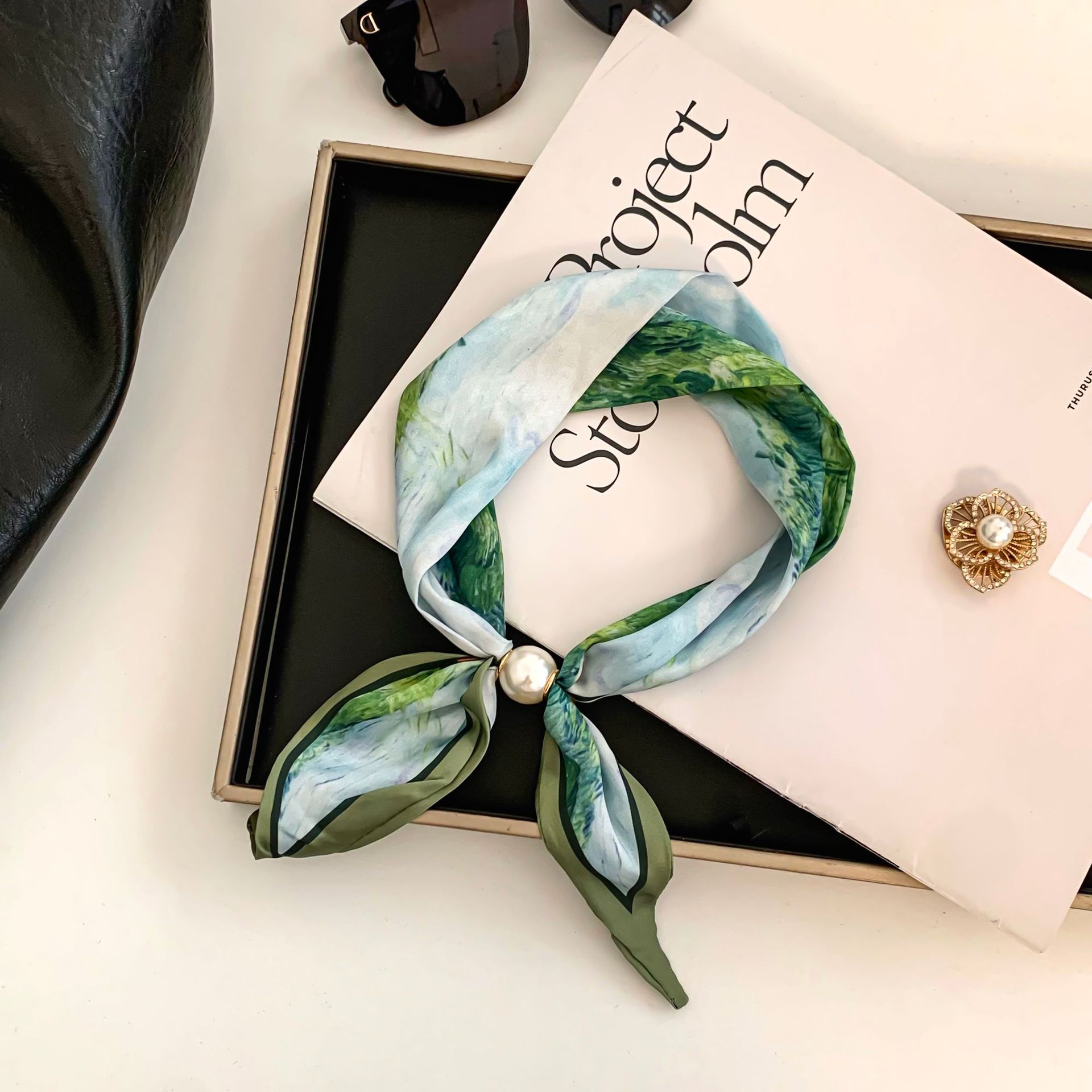 Cashew Flower Silk Scarf Effor - Pearl Necklace Set review and price