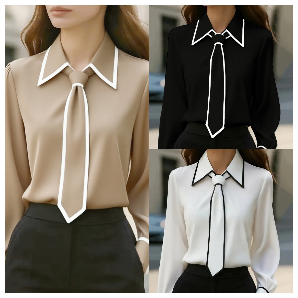 Women's Contrast Trim Tie Neck - Women'S Formal Wear Blouse review and price