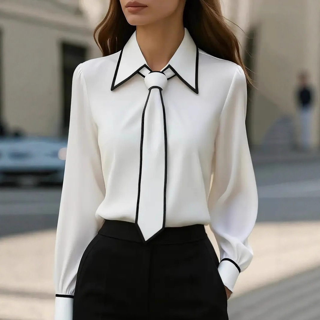 Women's Contrast Trim Tie Neck - Women'S Formal Wear Blouse review and price