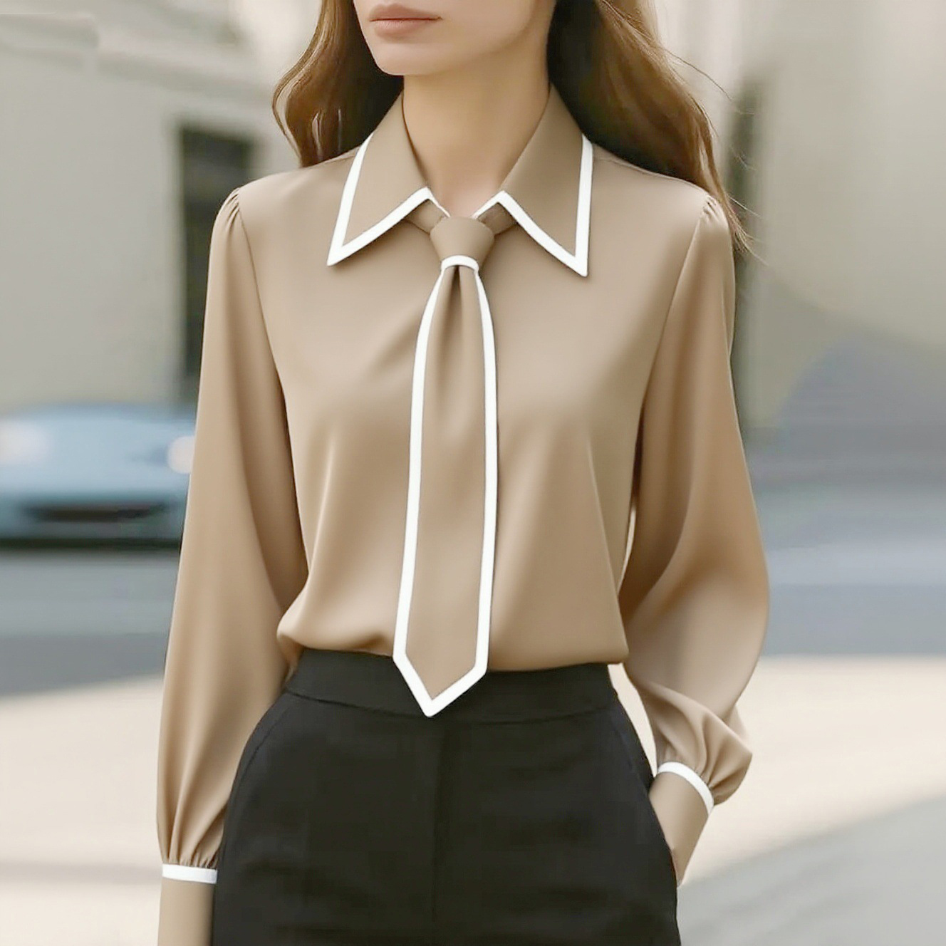 Women's Contrast Trim Tie Neck - Women'S Formal Wear Blouse review and price