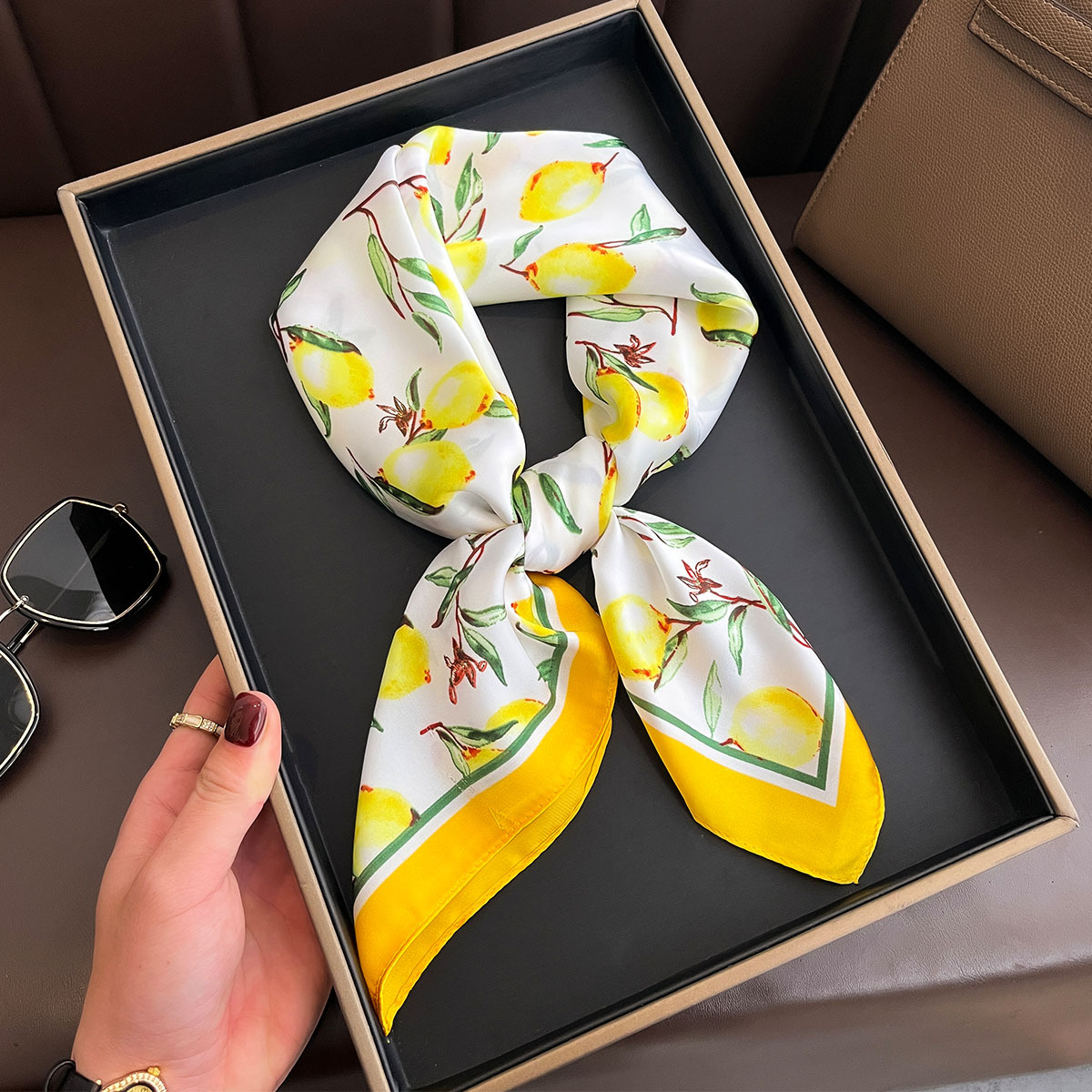 2025 New Yellow Lemon Print Sq - Scarf Silk Neck review and price