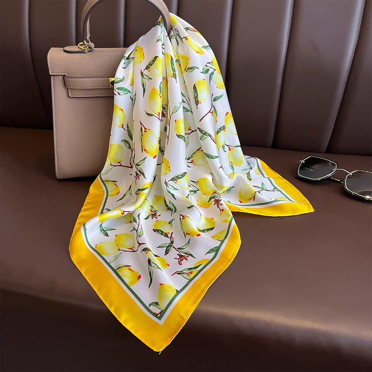 2025 New Yellow Lemon Print Sq - Scarf Silk Neck review and price