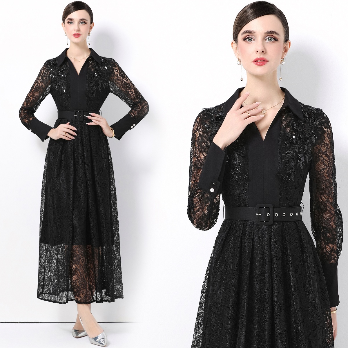 Elegant Long Sleeve Lace Dress - Women Formal Wear Belt review and price