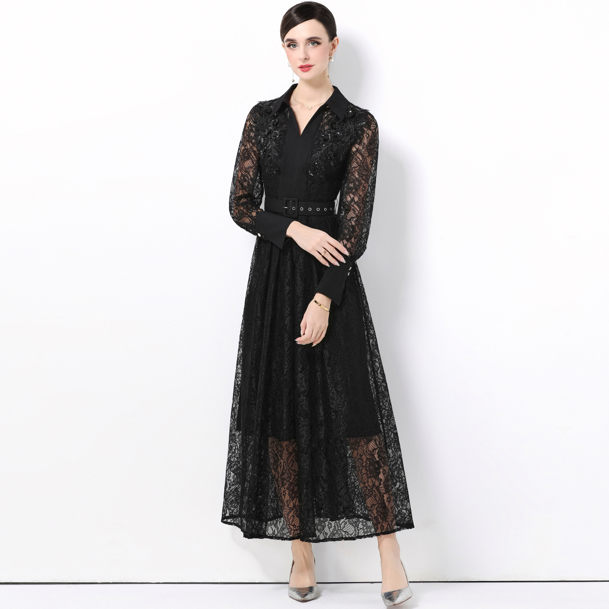 Elegant Long Sleeve Lace Dress - Women Formal Wear Belt review and price