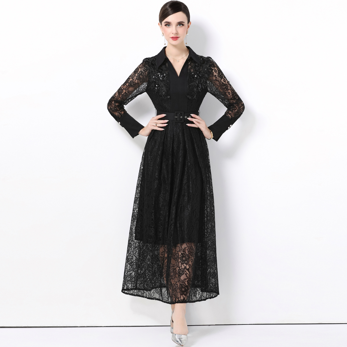Elegant Long Sleeve Lace Dress - Women Formal Wear Belt review and price