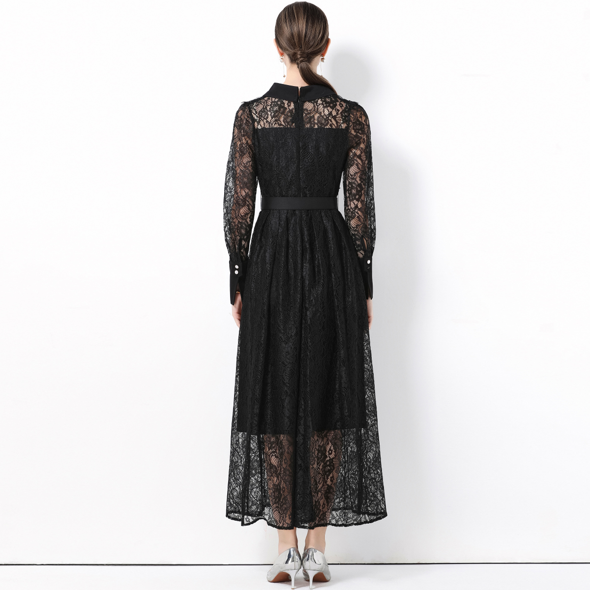 Elegant Long Sleeve Lace Dress - Women Formal Wear Belt review and price