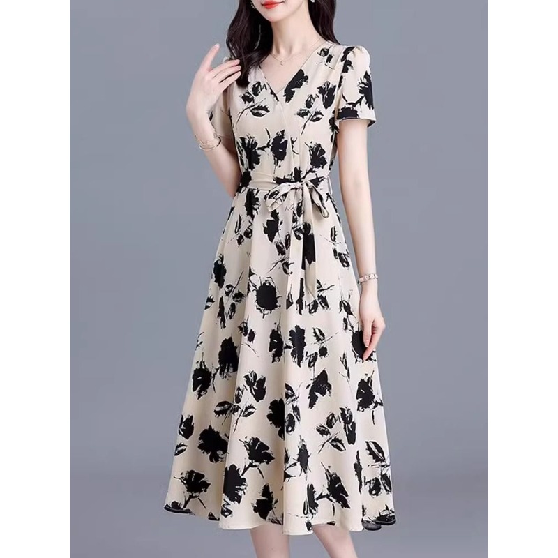 Elegant V-neck Short Sleeve Fl - Women Formal Wear Belt review and price