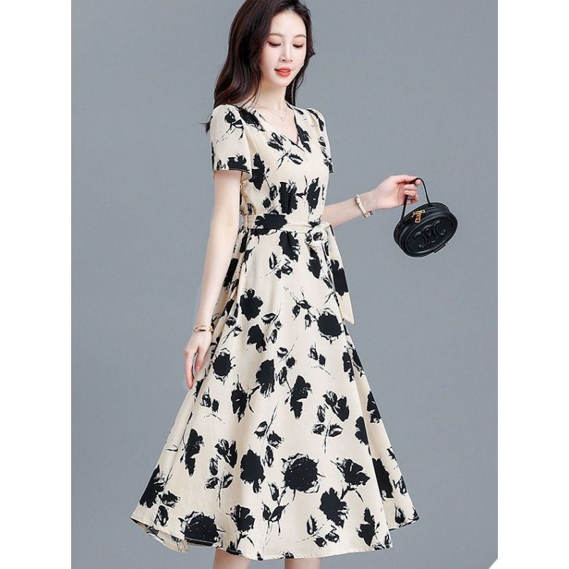 Elegant V-neck Short Sleeve Fl - Women Formal Wear Belt review and price