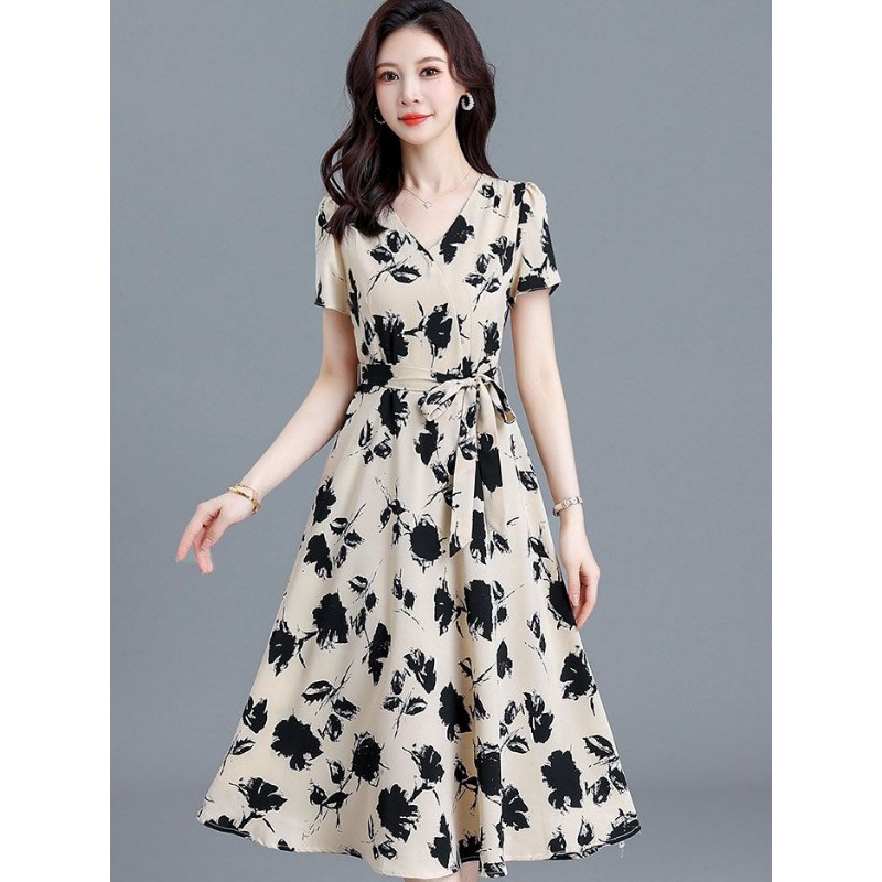 Elegant V-neck Short Sleeve Fl - Women Formal Wear Belt review and price